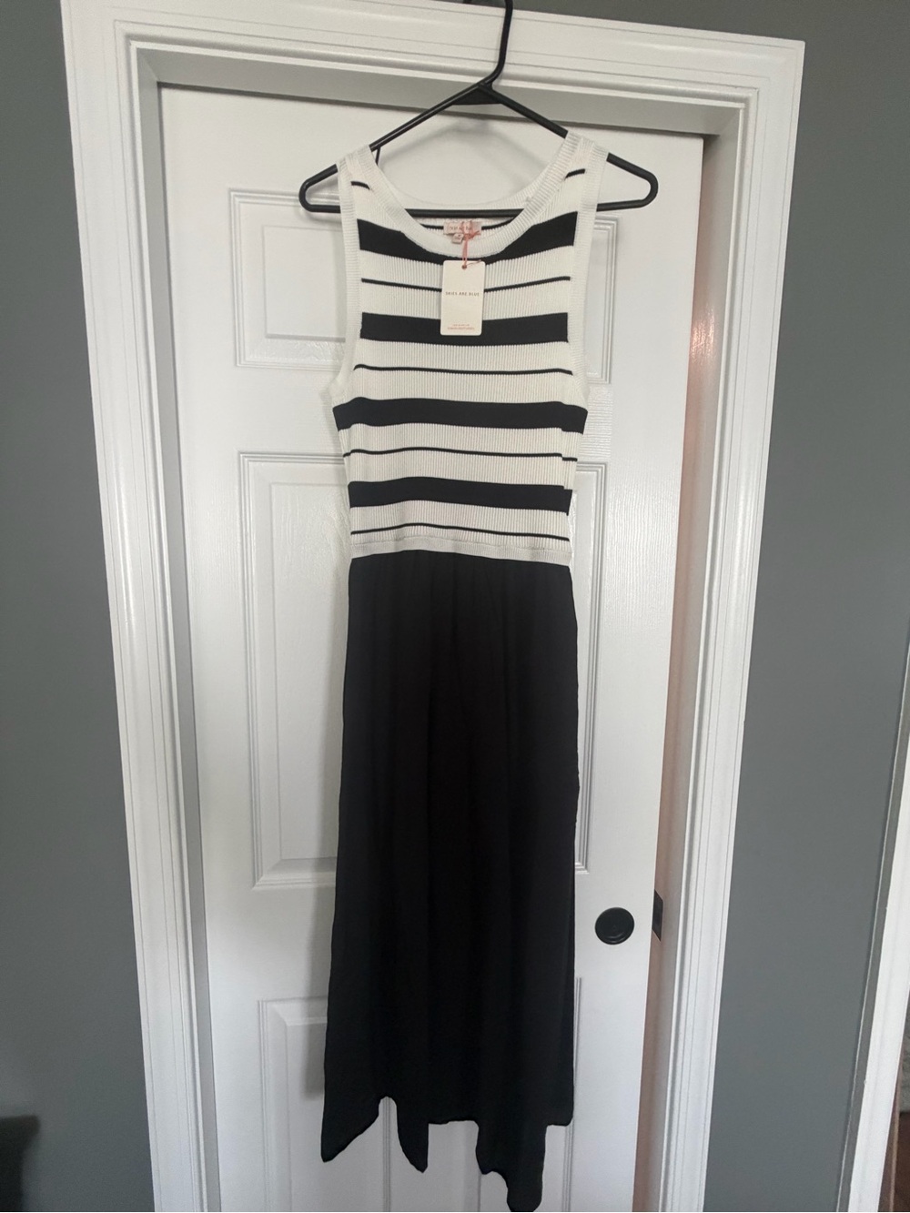 Skies Are Blue - Black and White Striped Knit Bodice Maxi Dress